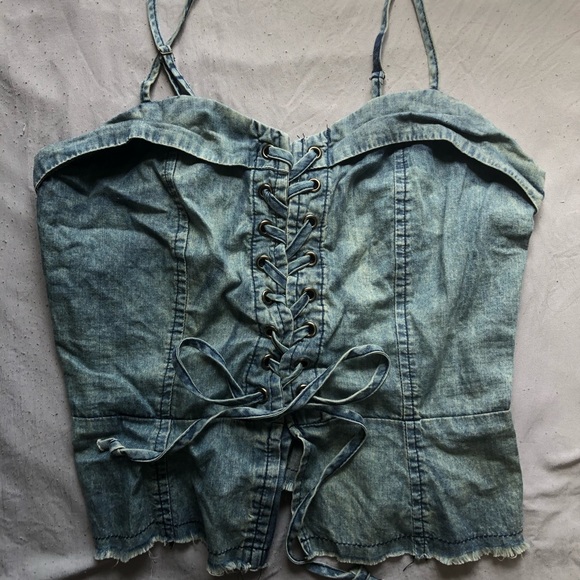 Vintage Havana washed denim lace up top - Picture 1 of 3